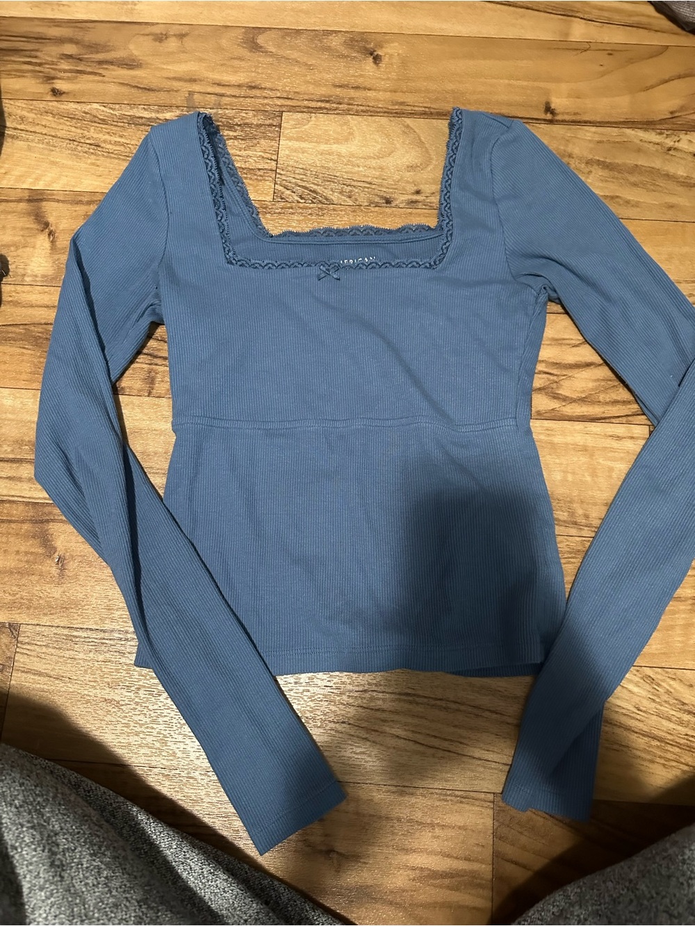 American Eagle Outfitters Ribbed Square-Neck Long Sleeve Top - Dusty Blue